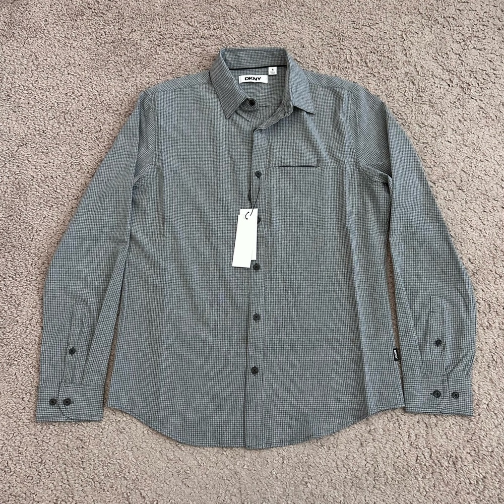 DKNY Mens S Gray Plaid Button Up Shirt